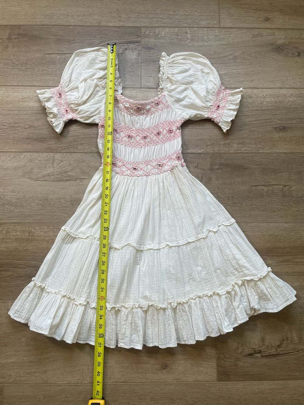 Ivy City Co White Pink Smocked Tiered Midi Dress XS Puff Sleeve Cottagecore - Picture 8 of 11
